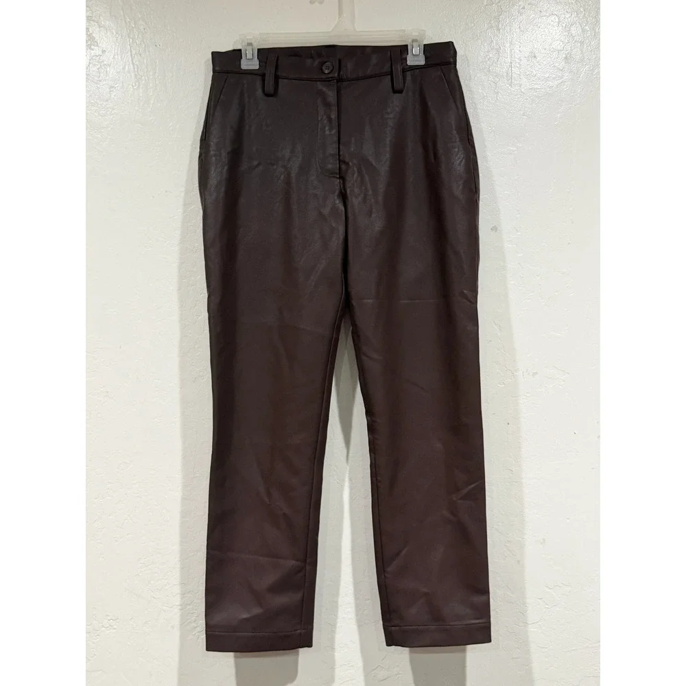 Ruti Vegan Leather Trousers Brown High Waisted Straight Leg Pants
